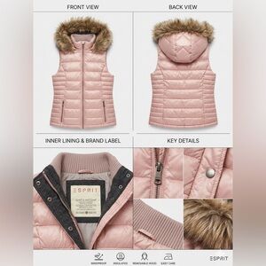 Esprit Pink puffer Vest with Faux Fur Hood